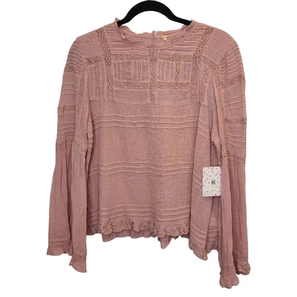 NWT Free People Olivia Peony Bohemian Eyelet Lace Top Bell Long Sleeve Blouse M
